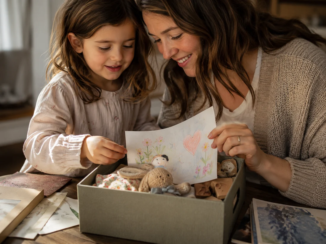 Une mère et sa fille regardent des dessins et de petits trésors