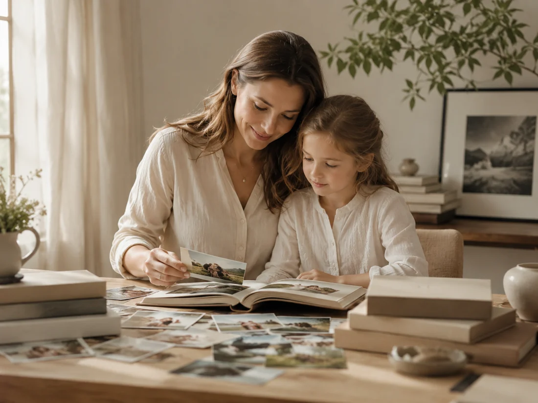 Une maman et sa fille regardent ensemble un album photo