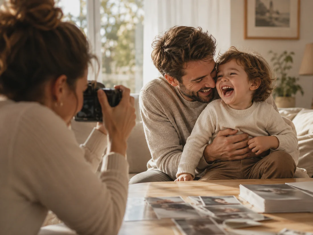 Une maman prend une photo d'un père et de ses enfants dans le jardin