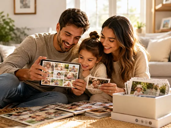 Famille réunie autour de photos et de souvenirs